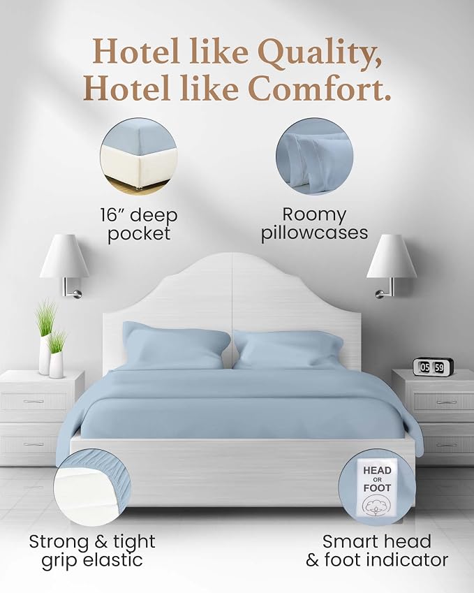 Good Sleep Bedding 100% Egyptian Cotton Queen Sheet Set, 4 Piece Silky Sateen Weave, Bed Sheets Queen Size, Ultra-Soft & Durable Hotel Luxury, 16" Queen Sheet Set Deep Pocket - Light Blue