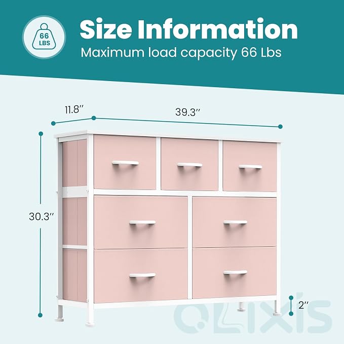 OLIXIS 7 Drawer Fabric Dresser, Storage Tower for Bedroom and Closet | Pink Easy-Pull Bins for Closet Organizers, Chest of Drawers with Sturdy Steel Frame & Wooden Top for Living Room, Entryway
