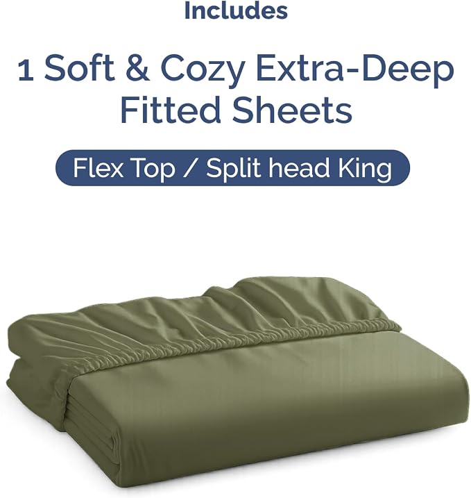 Extra Deep Flex Top Split Head King Fitted Sheet - Hotel Luxury Single Fitted Sheet Only - Easily Fits 18 inch to 24 inch Mattress - Ultra Soft, Wrinkle Free w/Extra Deep Pockets - Sage Green