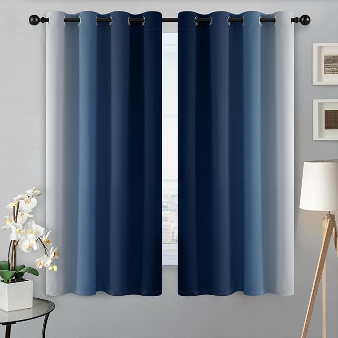 SimpleHome Ombre Blue to Grey White Curtains for Living Room 52Wx54L | Room Darkening Curtains for Bedroom,Gradient Light Blocking Curtain,Thermal Insulated Grommet Window Drapes,2 Panels,54 Inch