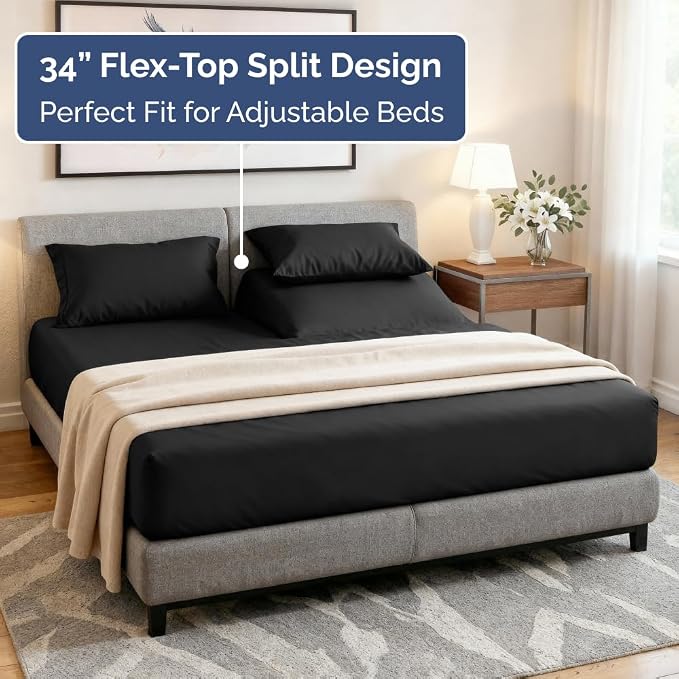 Flex Top Split Head King 4 Piece Sheet Set - Ultra-Soft, Breathable - Black | Cooling Bed Sheets Set, Hotel Luxury Bedding for Women & Men with Deep Pockets, Wrinkle Free & Fade Resistant, Oeko-Tex
