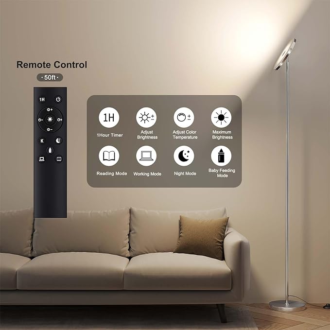 SUNMORY Floor Lamps for Living Room，LED Standing Lamp with Remote Control | 32W/3000LM Super Bright, 69" Tall Floor Lamp with Stepless Dimmable, Modern Torchiere Corner Lamp for Bedroom, Office Nickel
