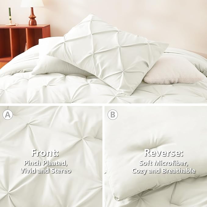 HIMEET Pintuck Bed in a Bag, 7 Pieces Full Size Comforter Set Ivory, Luxury Pinch Pleat Bed in a Bag, Soft All Season Bedding Sets with Comforter, Flat Sheet, Fitted Sheet and Pillowcases & Shams