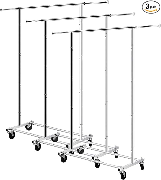 Simple Trending Standard Rod Clothing Garment Rack, Rolling Clothes Organizer on Wheels for Hanging Clothes, Chrome (Pack of 3)