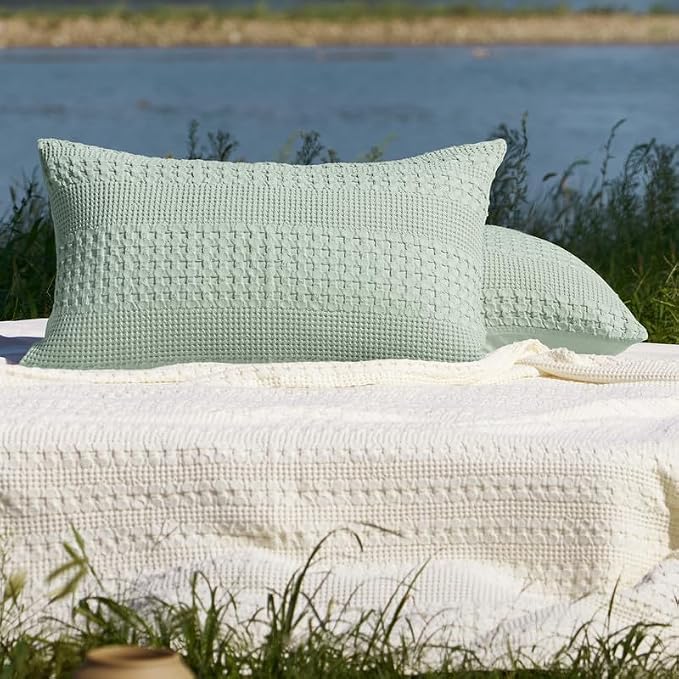 PHF 100% Cotton Waffle Pillow Shams King Size, 2 Pack 20" x 36" Soft Skin-Friendly Pillowcases, No Filling, Aesthetic Woven and Breathable Waffle Weave Pillow Case Covers for Bed, Mint Green