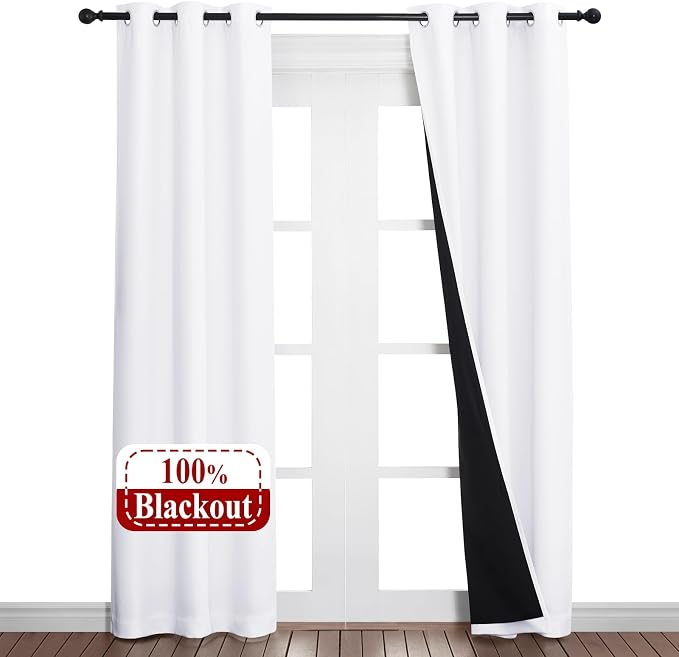 NICETOWN White Blackout Curtains for Nursery 37" Wide x 80" Long 2 Panels | Full Light Blocking Drapes with Black Liner for Doorway, Noise Reducing Room Darkening Thermal Insulated Draperies Decor