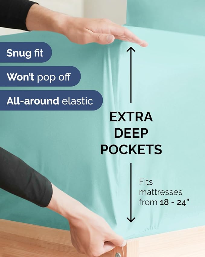 Flex Top Split Head King Sheet Set - 4 Piece Extra Deep Sheets - Spa Blue | Easily Fits 18 to 24 inch Mattress, Ultra Soft, Wrinkle & Fade Free with Extra Deep Pockets, Comfy Hotel Luxury Bedding