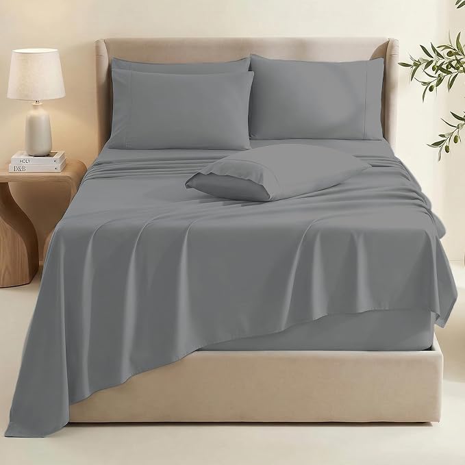 Hearth & Harbor Bed Sheets, Luxury Soft 6 Piece Bed Sheet Set Extra Deep Pocket Fitted Sheets Fits Mattress up to 21", Double Brushed Bedding Sheets & Pillowcases, Queen, Frost Gray