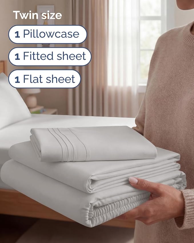 Twin Size 3 Piece Sheet Set - Breathable & Cooling Sheets - French Grey | Hotel Luxury Bed Sheets for Women & Men, Deep Pockets, Easy-Fit, Extra Soft and Wrinkle Free Sheets, Oeko-Tex Bed Sheet Set