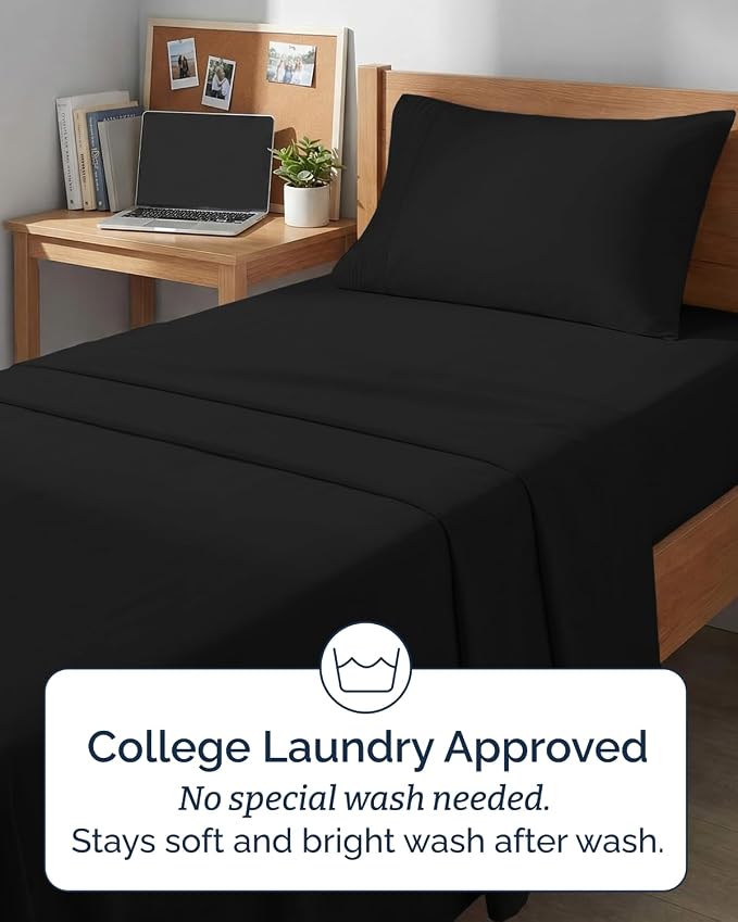 Twin XL 4 Piece Sheet Set - College Dorm Room Essentials - Black | Ultra Soft Dorm Bedding Set, 8" to 16" Inch Deep Pockets, 1 Flat & 1 Fitted Sheet & 2 Pillowcases, Wrinkle & Fade Free