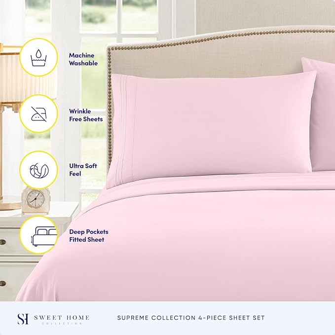 California King Sheet Sets - Breathable Luxury Sheets with Full Elastic & Secure Corner Straps Built In - 1800 Supreme Collection Bedding, Sheet Set, EXTRA DEEP pocket - Cal King, Pale Pink