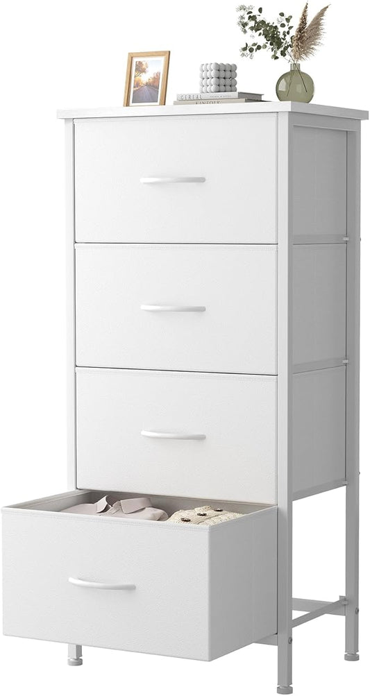Sweetcrispy Dresser for Bedroom, 4 Drawer Storage Cabinet, Tall Nightstand | Small Fabric White Dresser for Closet, Chest of Drawers, Closet Organizer, Home Furniture, Sturdy Frame