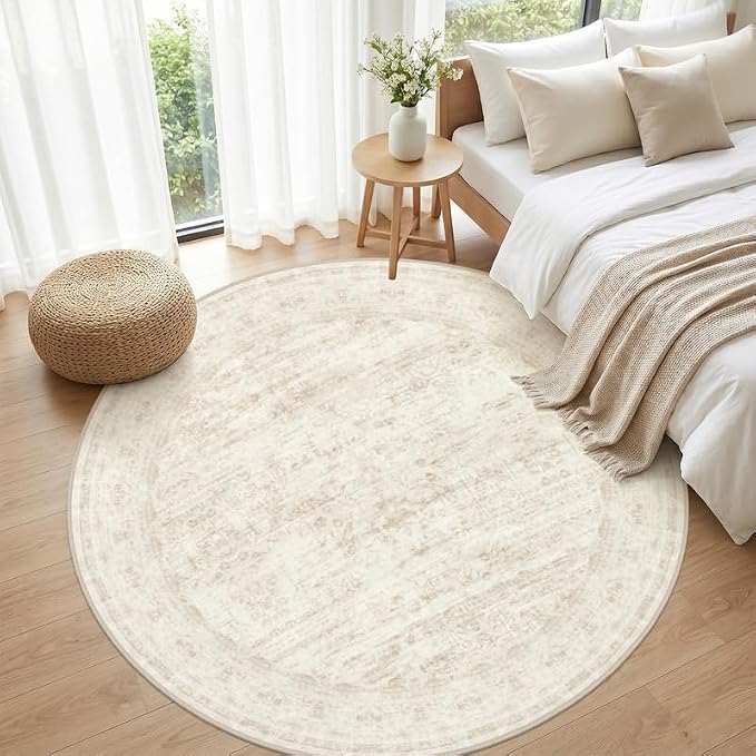 Round Area Rug Living Room: 8ft Washable Carpet Retro Beige | Vintage Boho Circle Soft Large Circular Carpet Bedroom Nursery Neutral Dining Room Indoor Decor Floor Non-Slip Under Table