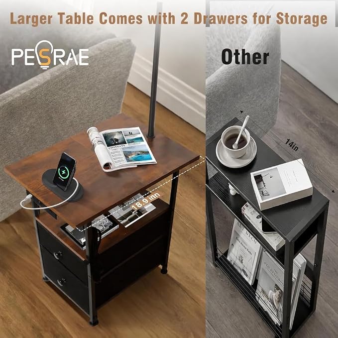 PESRAE Floor Lamp with Table & 2 Drawers, End Table with Lamp, Rustic Brown | Charging Station with USB, Type-C & AC Outlet; 9W LED Bulb with 3 Color Temperatures for Bedroom, Living Room & Home Office