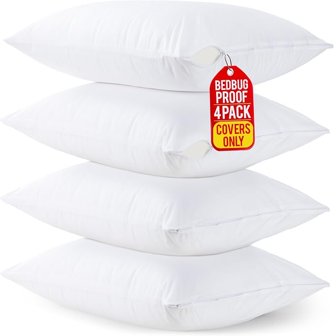 Set of 4 Pillow Protectors with Zipper King Size, Pillow Covers | Ultra Soft Pillow Encasements, Bed Bug & Dust Mite Proof, Moisture Wicking and Waterproof Pillow Cases by Utopia Bedding