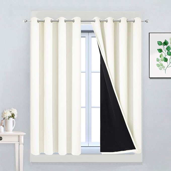 Yakamok Cream 100% Blackout Curtains 45 Inches Long for Bedroom 52" Wide | Blackout Curtain Panels for Bedroom, 2 Thick Layers Grommet Top Thermal Insulated Drapes with Black Liner for Living Room