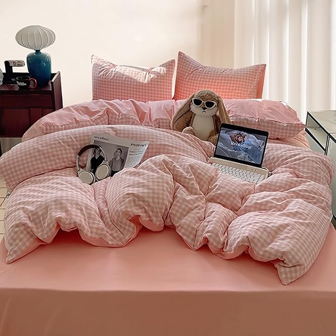 Nayoroom Gingham Duvet Cover Twin Reversible Pink Plaid Checkered Bedding | Soft Breathable Washed Microfiber, All-Season Comfort, Hidden Zipper, 4 Corner Ties, Coquette Modern Farmhouse, Dorm Bedding