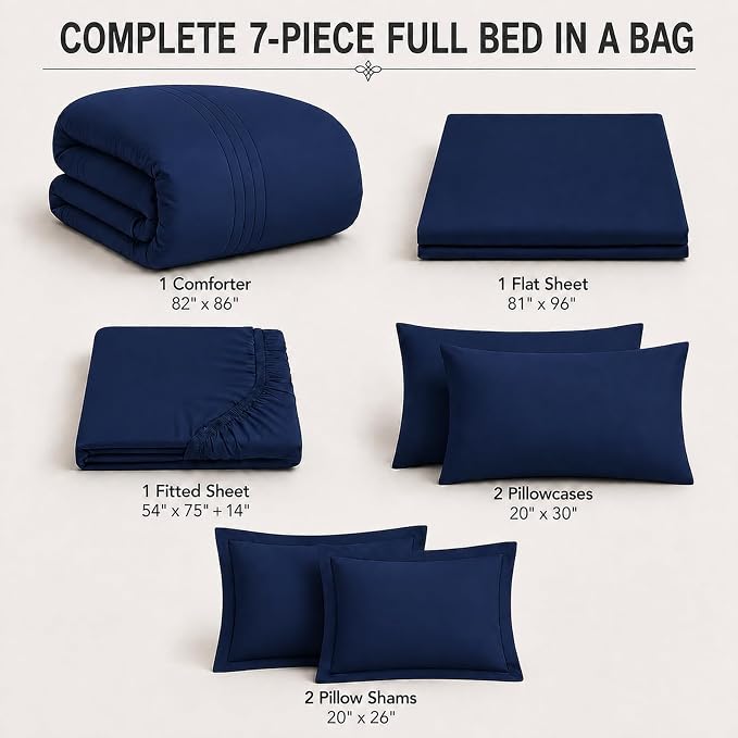 Full Comforter Set Navy - Bed in a Bag Full Size 7 Pieces, Soft Bedding Set for All Seasons, Premium Comforter Set with Comforter, Sheets, Pillowcases & Shams
