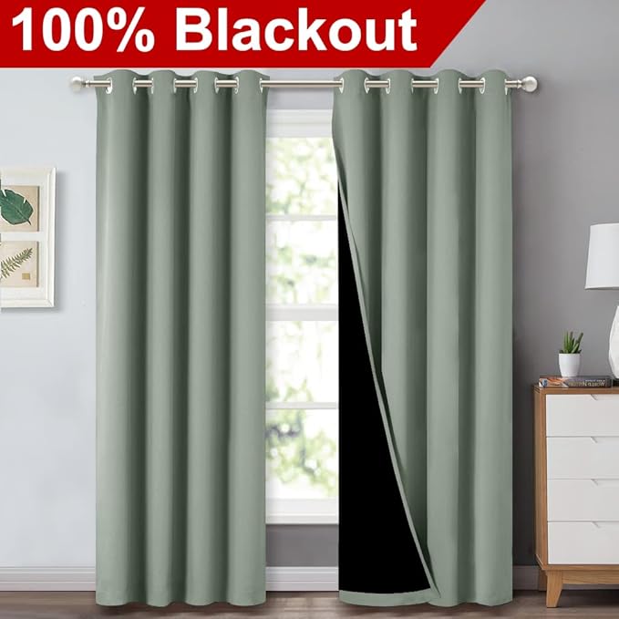 NICETOWN Greyish Green Blackout Curtains for Nursery 52" w x 84" L 2 Panels | 100% Blackout Cold Full Light Blocking Drapes with Black Liner, Thermal Insulated Draperies Noise Reducing Window Decor