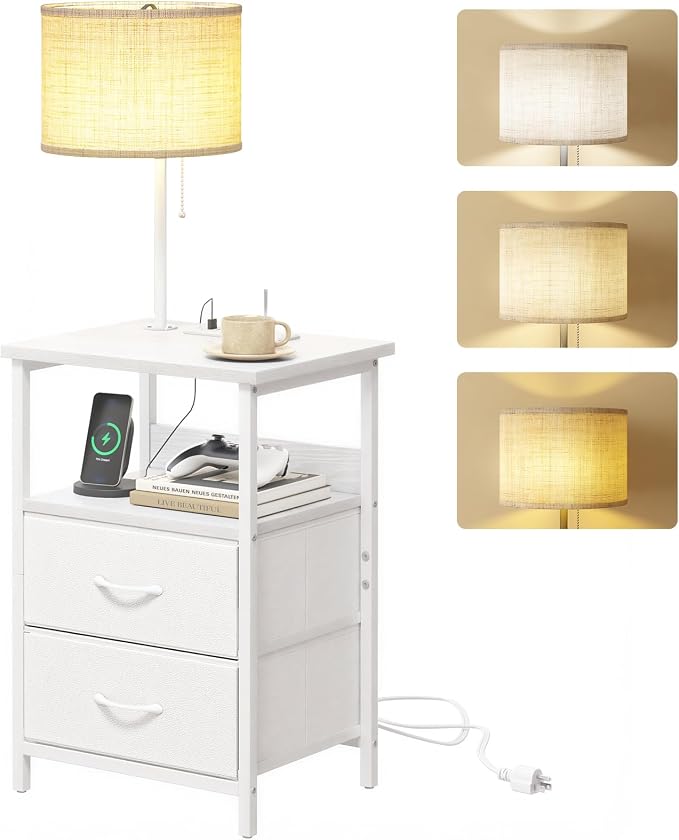 Fixwal Night Stand with 3 Color Temperature Bulb Attached, Nightstand with Light & Charging Station End Table with Fabric Drawer for Bedroom, Dorm, White