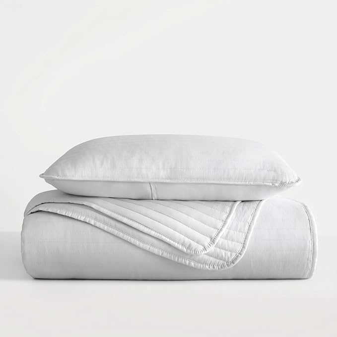 Merit Linens Modern Quilt Coverlet Soft Set in Stripe Stitching - Twin/TwinXL Light Gray