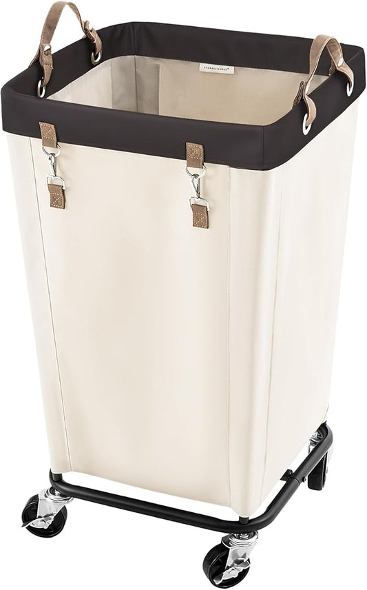 StorageWorks 110L Laundry Basket with Wheels, Rolling Hampers for Clothing | Beige Laundry Basket with Wheels, Metal Frame & Handles, Rolling Hamper for Bedroom, Bathroom, Dorm, Hotel