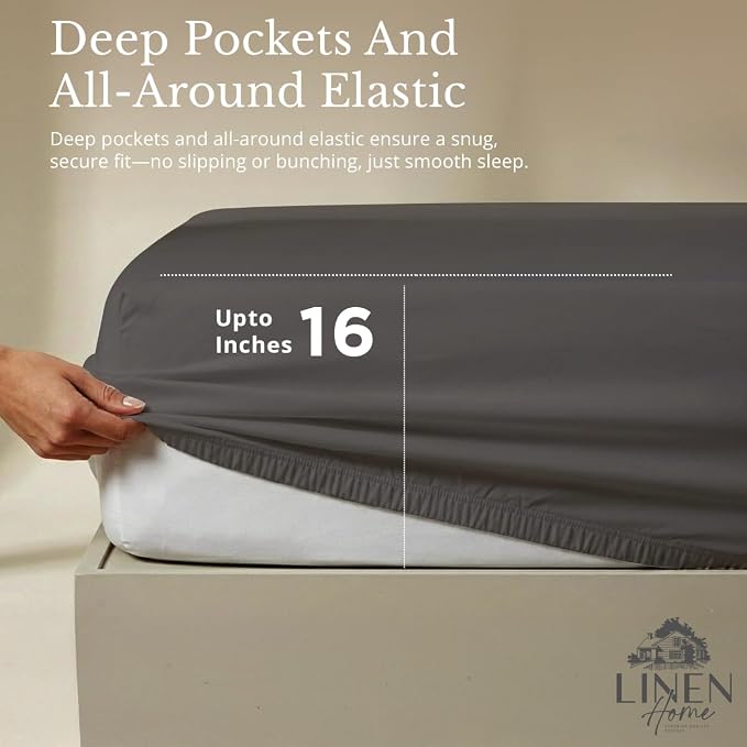 Linen Home 100% Cotton Percale Sheets Queen Size, Smoky Charcoal, Deep Pocket, 4 Pieces Set - 1 Flat, 1 Deep Pocket Fitted Sheet and 2 Pillowcases, Crisp Cool and Strong Bed Linen