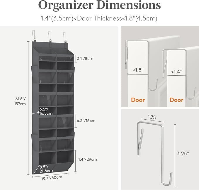 Lifewit 1 Pack Over the Door Organizer, 12 Section Clear Window Hanging Storage with 4 Side Pockets, Sturdy Anti Tilt 40 lbs Load Behind Door for Closet, Bedroom, Bathroom, Nursery, Dorm, Dark Gray