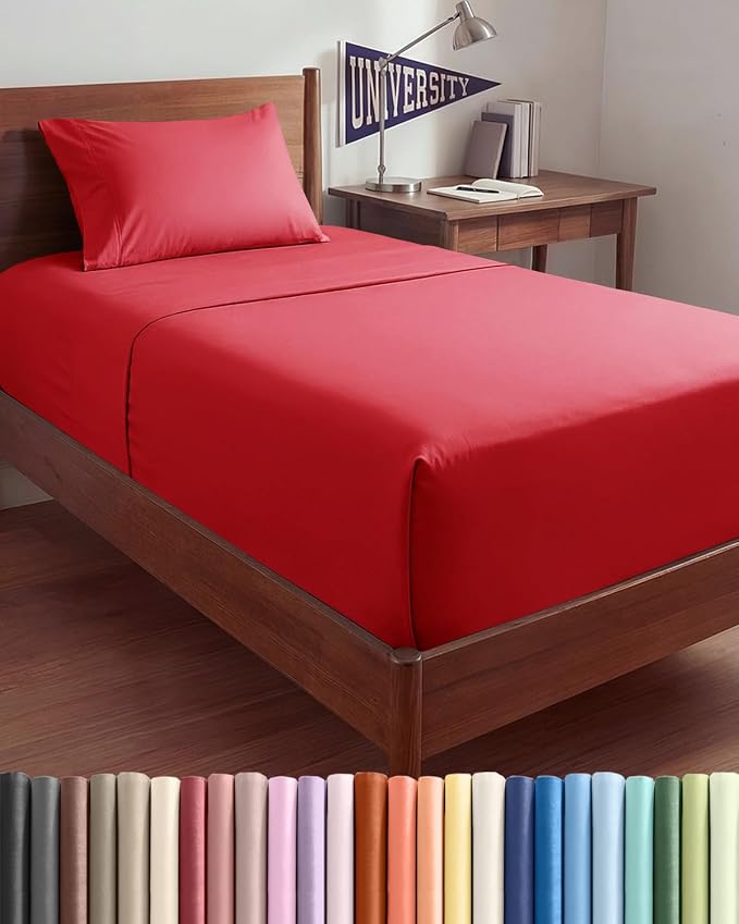 Extra Deep Twin XL Sheet Set - 3 Piece College Dorm Room - Red | Soft, Breathable & Cooling, Easily Fits 18 to 24 inch Mattress, Wrinkle Free & Fade Resistant with Extra Deep Pockets