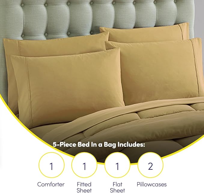 Sweet Home Collection 7 Piece Comforter Set Bag Solid Color All Season Soft Down Alternative Blanket & Luxurious Microfiber Bed Sheets, Camel, Twin XL