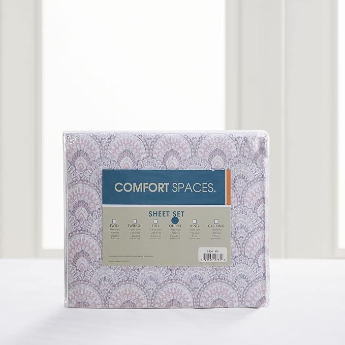 Comfort Spaces 100% Cotton Percale Sheets Twin Size 3 Pcs, Tabitha Purple | Crisp, Cool & Breathable Bed Sheets, 12" Deep Pocket Fits Up to 14" Mattress, Lightweight, All Season Cozy, with Pillow Case