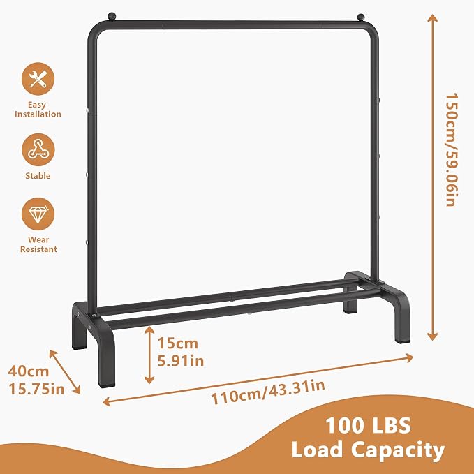 JIUYOTREE Garment Rack Clothing Clothes Rack for Clothes Organizing Black | Metal 43.3 Inches Garment Rack Clothing Clothes Rack with Bottom Shelf for Hanging Clothes Coats Skirts Shirts Sweaters Black