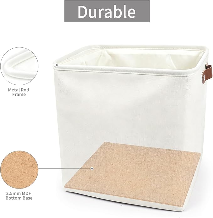 13x13 Cube Storage Bins, Collapsible Fabric Storage Box, 4 Pack Closet Baskets with Handles for Organizing, Shelf, Toys, Clothes, Home, Office, Nursery (White)