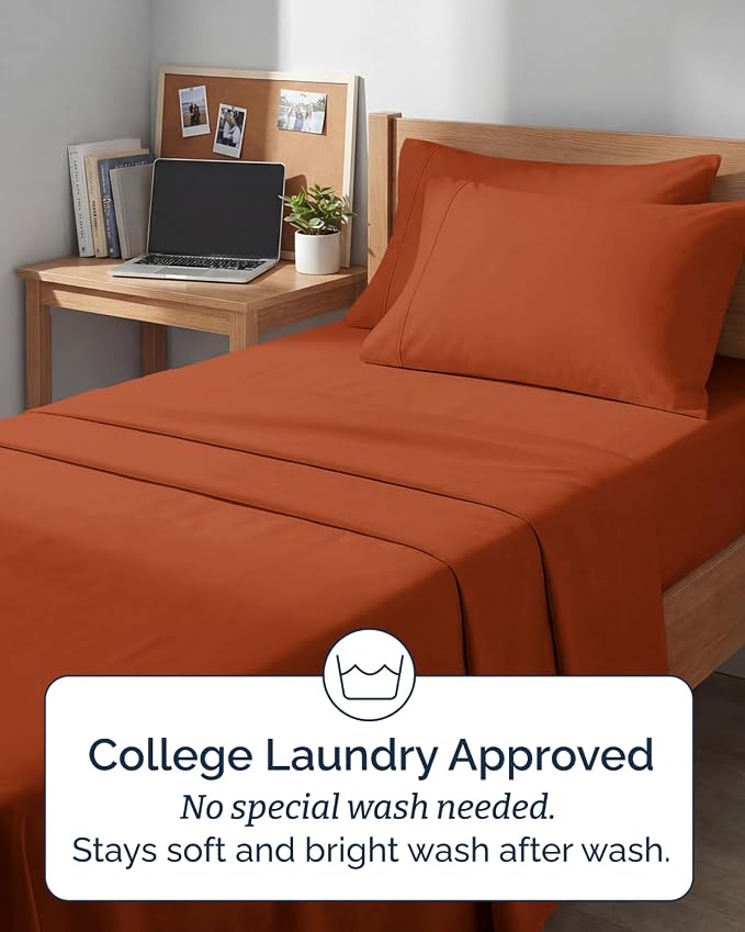 Extra Deep Twin XL Sheet Set - 4 Piece College Dorm Room - Terracotta | College Dorm Room Essentials, Easy & Secure Fit, Ultra-Soft, Wrinkle & Fade Free, Comfy Sheets Set with Extra Deep Pockets