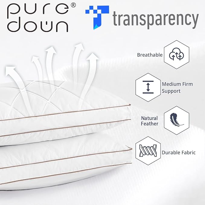 puredown® Goose Feathers and Down Pillow for Sleeping Hotel Collection Bed Pillows, Gusseted, Queen, Set of 2