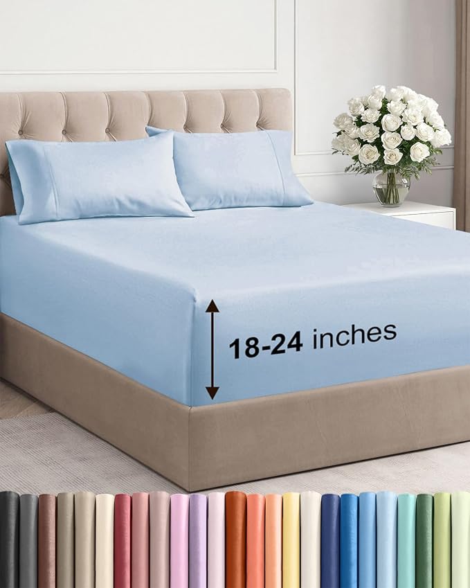 Extra Deep Queen Sheet Set - 4 Piece Breathable & Cooling Sheets - Sky Blue | Easily Fits 18 to 24 inch Mattress - Ultra Soft, Wrinkle & Fade Free with Extra Deep Pockets - Comfy Hotel Luxury Bedding