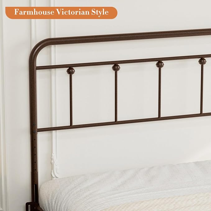 Victorian Metal King Size Headboard Only, Brown | 34"-44.6" Adjustable Height, Steel King Head Board with Bed Frame Brackets Adapter, Easy Assembly, Farmhouse Vintage Style