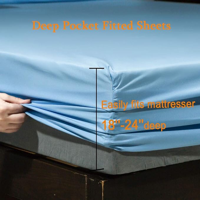 SONORO KATE Bed Sheet Set Super Soft Microfiber 1800 Series Luxury Egyptian Sheets Fit 18-24 Inch Deep Pocket Mattress Wrinkle-6 Piece (Lake Blue, Full)