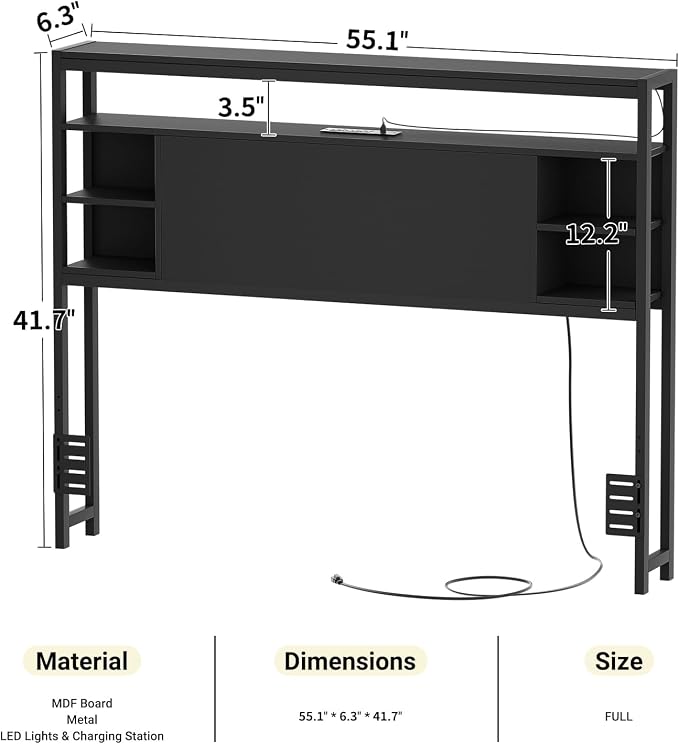 Unikito Full Size Headboard with Storage, Headboard with Outlets and RGB LED Light, Sturdy Head Boards for Full Size Bed, Stable Head Board Only for Bedroom, Dorm Room, Guest Room, Black