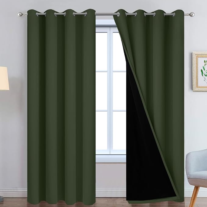 Yakamok Greyish Green 100% Blackout Curtains 96 Inches Long 52" Wide, 2 PCS | Blackout Curtain Panels for Bedroom, 2 Thick Layers Grommet Top Thermal Insulated Drapes with Black Liner for Living Room
