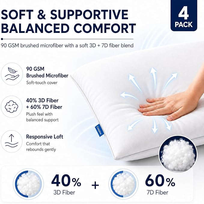 CozyLux Bed Pillows King Size Set of 4, 19" x 34", Medium Support | Soft Supportive Down-Alternative Pillows for Side, Back & Stomach Sleepers, OEKO-TEX Certified, Hotel Quality, Washable