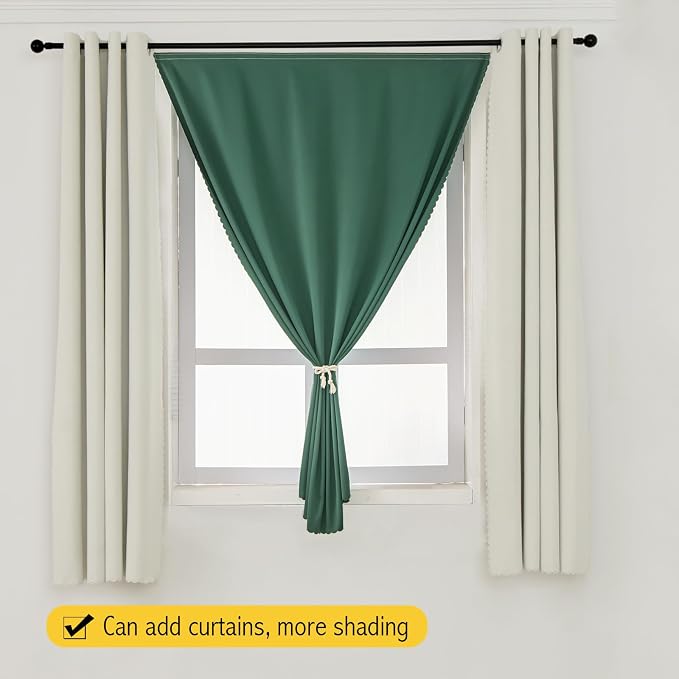 Thermal Blackout Curtains with Self-Adhesive Tape, No Rod No Drill Easy Install Window Cover for Bedroom Kitchen Dorm, 71" W x 59" L, Dark Green, 1 Panel