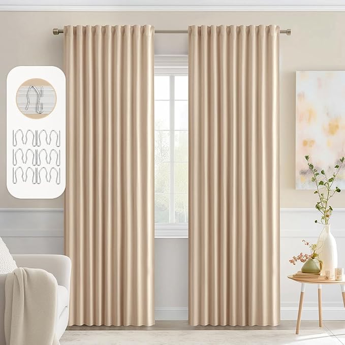MIULEE Beige Back Tab Blackout Curtains 52x72 Inches Long 2 Panels Set | Rod Pocket Pinch Pleated, Thermal Insulated, Room Darkening, Light Blocking, Privacy Curtains for Living Room Bedroom