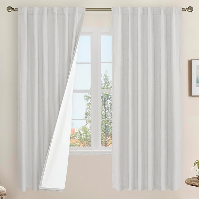 100% Blackout Linen Curtains 72 Inch for Bedroom with White Liner | Light Grey, Living Room Curtains, Room Darkening, Rod Pocket Back Tab, Neutral Burlap Drapes, 2 Panels, 52 x 72 Inch