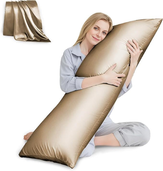 Body Pillow with Satin Pillowcase, Body Pillow for Adults, Brown | 20"x54", Removable Cover, OEKO-TEX Certified Down Alternative Filling,Washing Machine