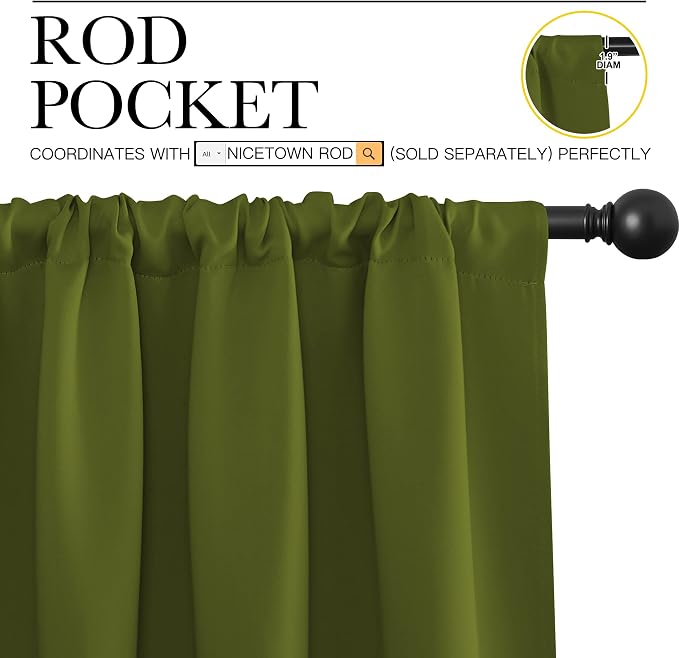 NICETOWN Window Curtains Blackout Drapes for Christmas Decoration, Thermal Insulated Solid Rod Pocket Blackout Curtains/Draperies for Living Room (One Pair,42 by 63-Inch,Olive Green)