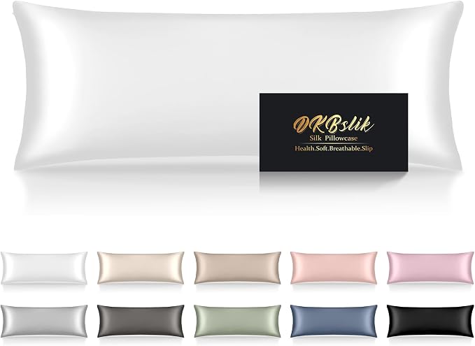 Silk Body Pillow Cases, Mulberry Silk Body Pillow Cover with Zipper, Smooth, Anti Acne, Cooling Sleep Both Sides Natural Silk Satin 20x54 Body Pillowcase, Gifts for Women Men, White
