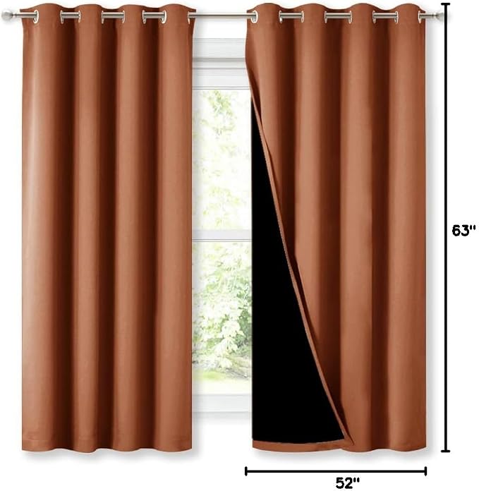 NICETOWN Burnt Orange Blackout Curtains for Kitchen 52" w x 63" L 2 Panels | 100% Room Darkening Lined 2 Thick Layers Completely Light Blocking Window Treatment Thermal Insulated Drapes for Bedroom
