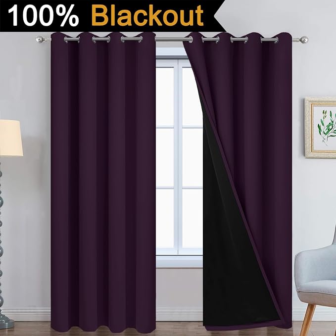 Yakamok Dark Purple 100% Blackout Curtains 84 Inches Long 52" Wide 2 Panels | Blackout Curtain Panels for Bedroom, 2 Thick Layers Grommet Top Thermal Insulated Drapes with Black Liner for Living Room