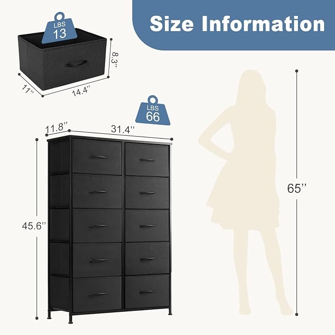 DUMOS 10 Drawer Dresser for Bedroom, Storage Organizer Chest of Drawers | Wide Fabric Closet Organizer Tower Furniture with Wooden Top Metal Frame, Dorm, Black